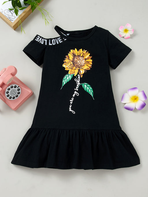 Summer Girl Short-sleeved Sun Flower Leaky Shoulder Dress