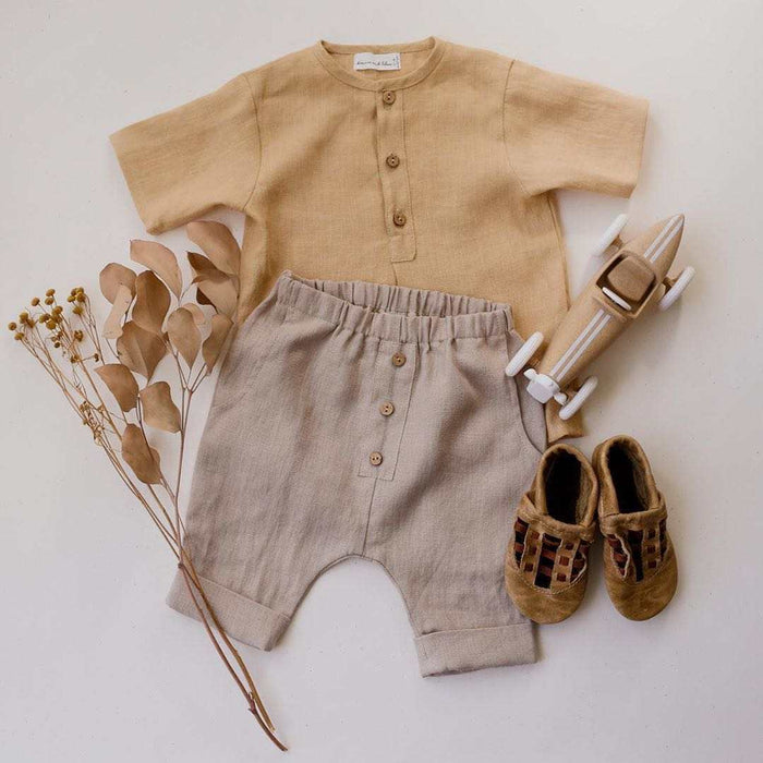 Summer Cotton And Linen Boy Khaki Gray Suit Solid Color Short-Sleeved Pants Suit Two-Piece Single-Breasted T-Shirt