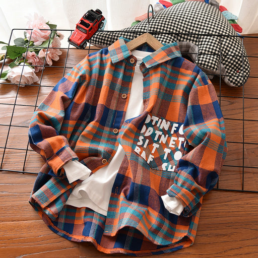Check Lapel Long Sleeve Top Cotton Printed Children's Bottoming Shirt