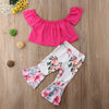 Girls' Flying Sleeves One-shoulder Blouse And Flower Trousers 2-piece Set