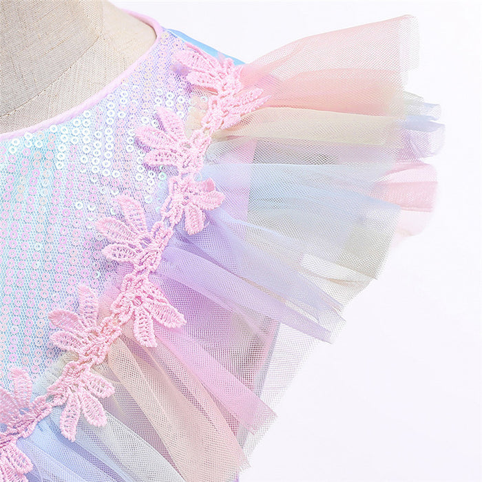 Rainbow Gradient Children Skirt Fluffy Mesh Sequined Princess Dress